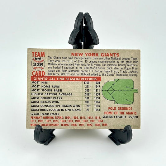 Vintage New York Giants sports card on a stand with a white background
