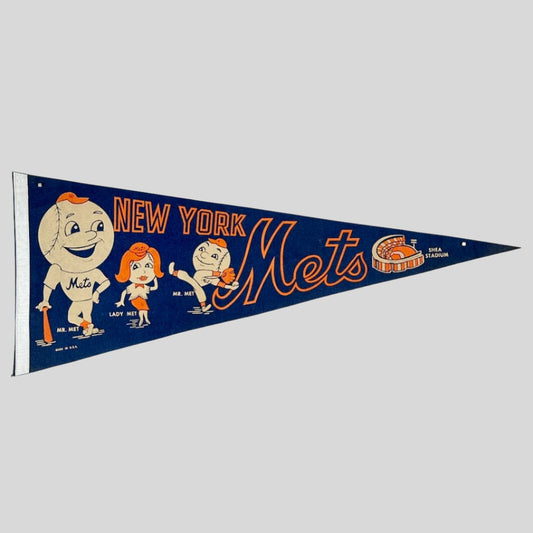 Navy pennant with orange print, & Mr. Met & family graphics with mini image of Shea Stadium at tip.