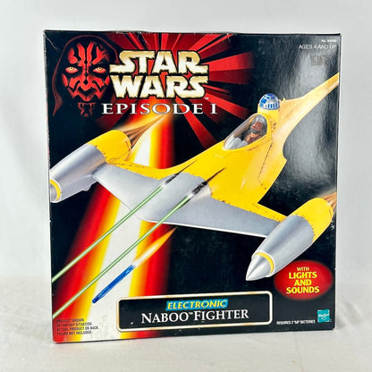 Star Wars toy spaceship in its original retail box, featuring image of yellow and silver ship in battle scene. 