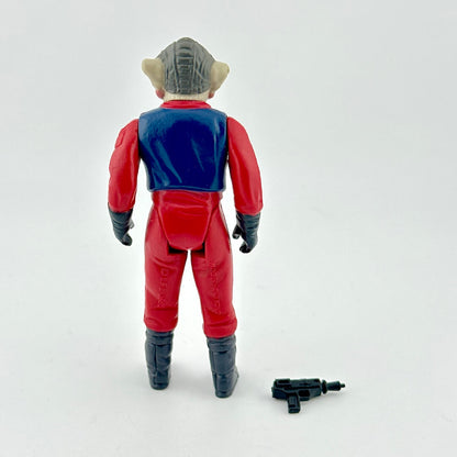 Action figure in red and blue suit with helmet on a white background