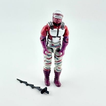 Toy figure in a red and white outfit with a helmet on a white background
