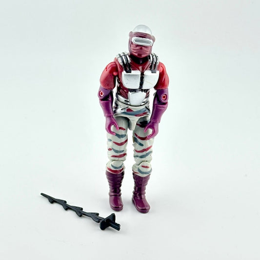Toy figure in a red and white outfit with a helmet on a white background