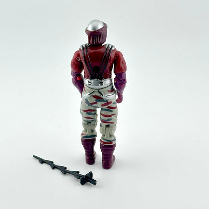 Action figure with red and silver helmet, purple gloves, and striped pants on a white background