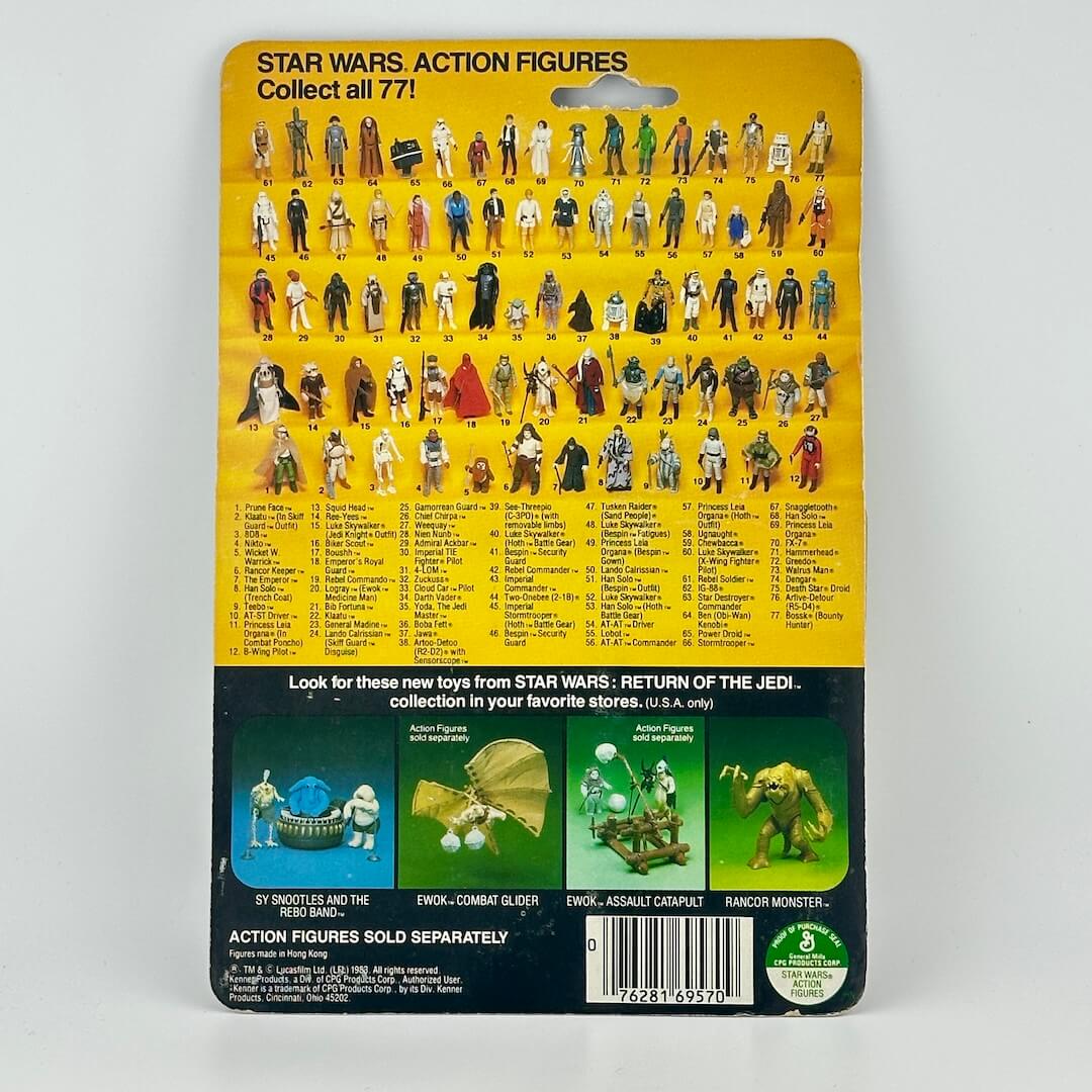 Star Wars action figures packaging with character list on a yellow background