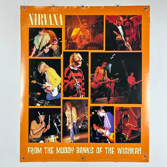 Reverse side of poster with images of band playing in squares with orange background.