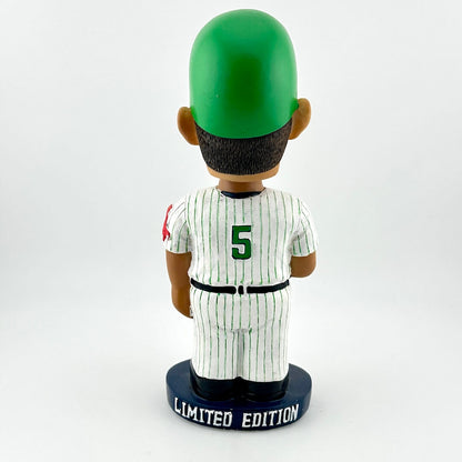 Bobblehead figure of a baseball player in a green and white uniform with a limited edition base.