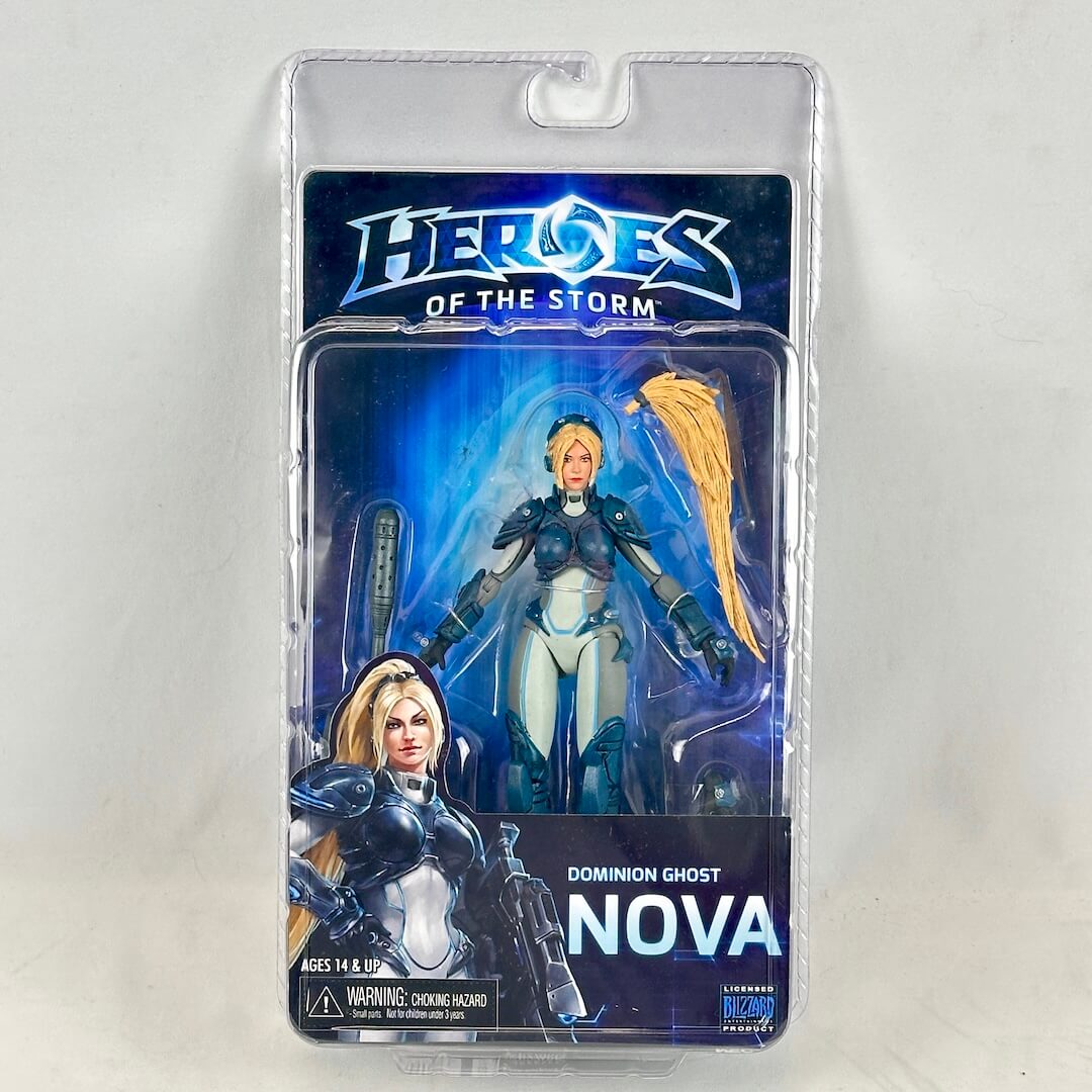 Action figure in packaging with Heroes of the Storm and NECA branding against gray background.