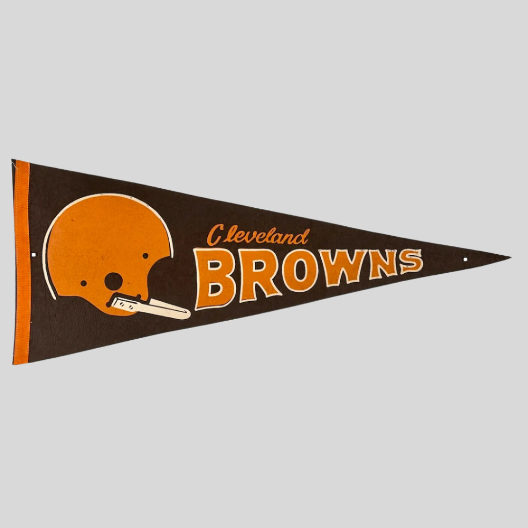 Brown pennant with orange helmet, city name in orange script above team name in orange varsity letters with white accents