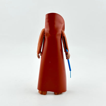 Figure in a long brown robe holding a blue staff on a white background