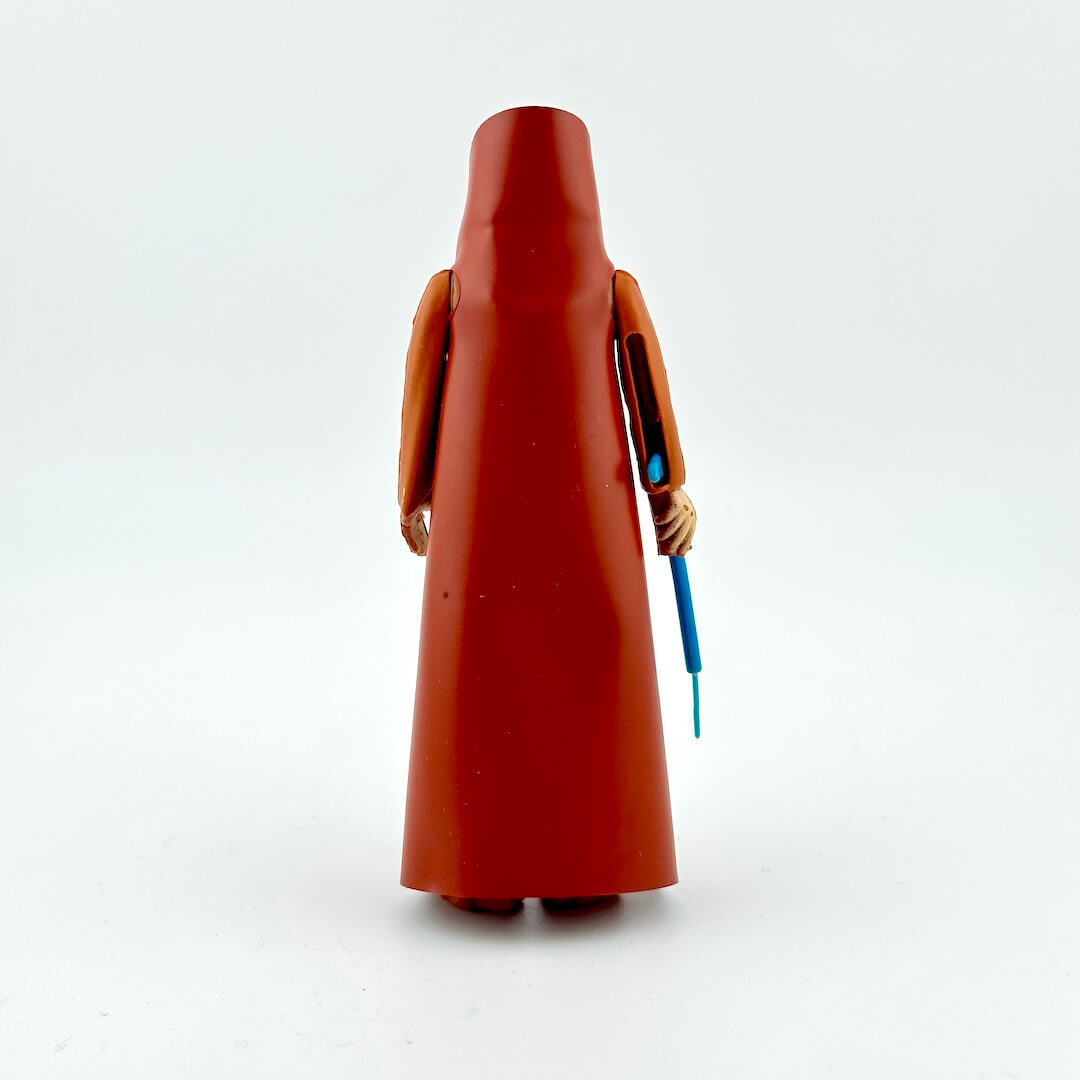 Back of action figure in brown robe with blue lightsaber on white background. 