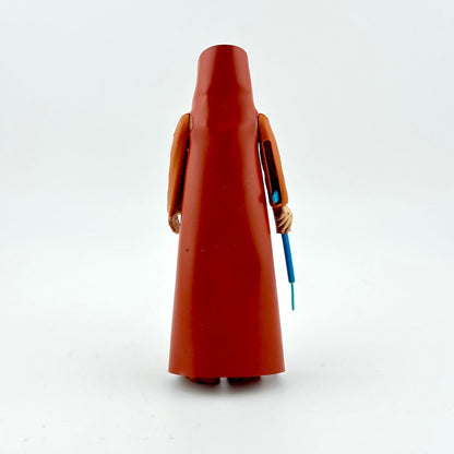 Back of action figure in brown robe with blue lightsaber on white background. 