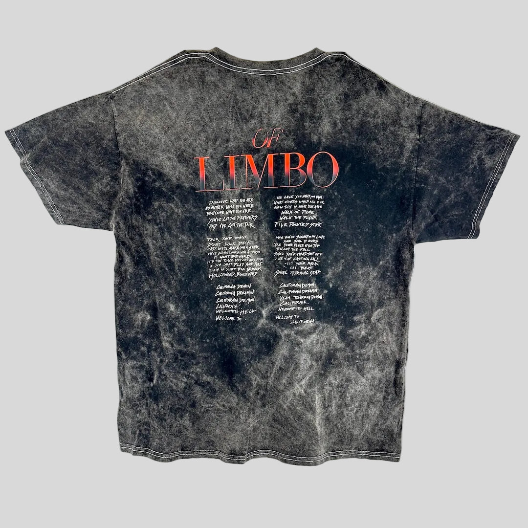 A black acid-wash t-shirt featuring the text 'Of LIMBO' in red and white, with white script text below, laid flat.