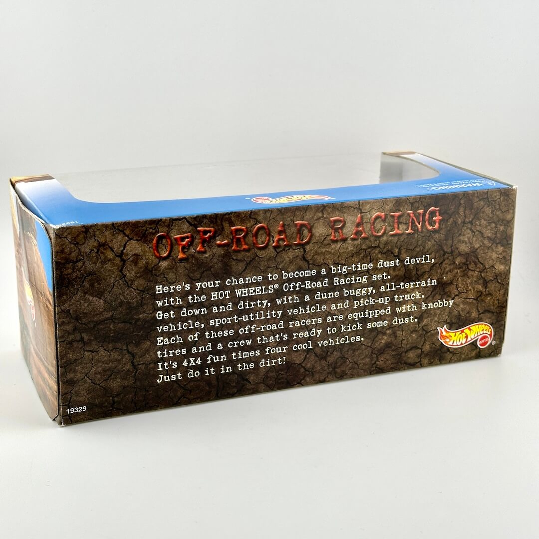 Hot Wheels Off-Road Racing toy set packaging box, featuring a brown textured dirt-patterned design.