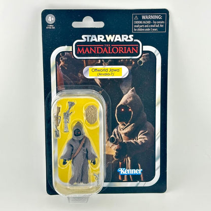 Star Wars The Mandalorian Offworld Jawa (Revelo-7) action figure in its original retro-style blister card packaging.