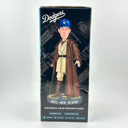 Boxed figure of a character in a robe and helmet with Dodgers branding