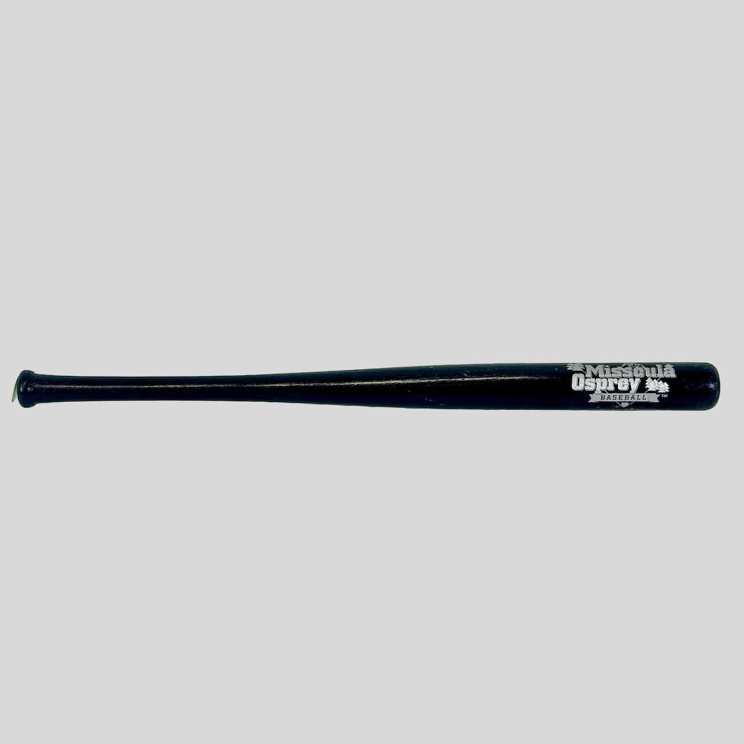 Black baseball bat with 'Missoula Osprey' branding on a white background