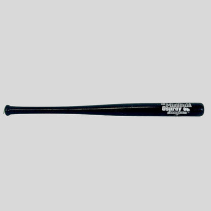 Black baseball bat with 'Missoula Osprey' branding on a white background
