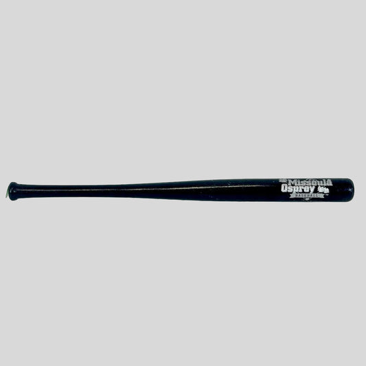 Black baseball bat with 'Missoula Osprey' branding on a white background