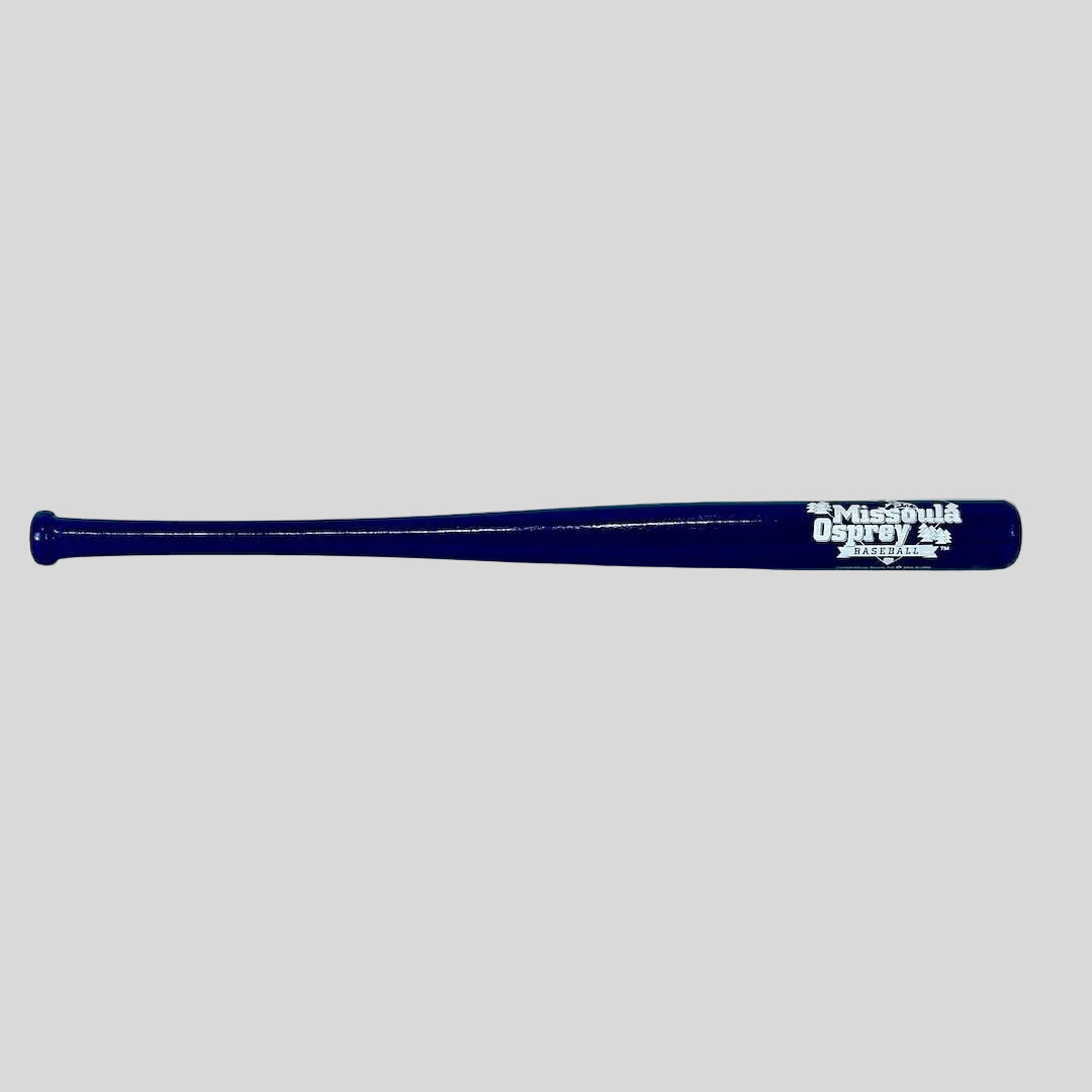 Blue baseball bat with branding on a white background