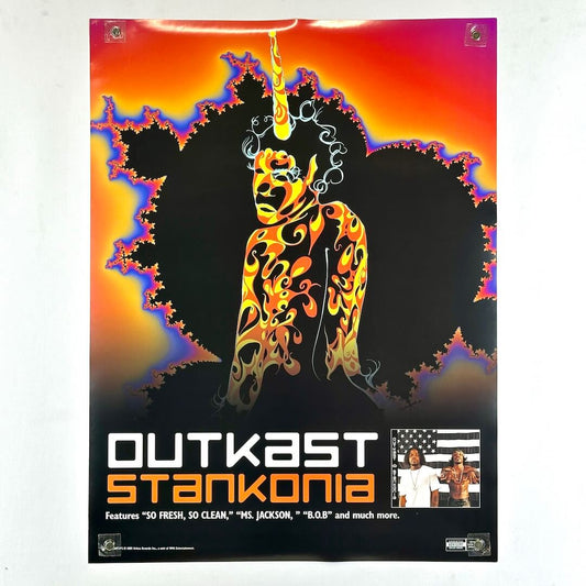Promotional poster for Outkast's 'Stankonia' album with stylized design and text.