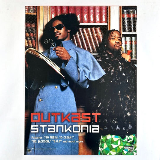 Album cover for Outkast's 'Stankonia' featuring two individuals in stylish outfits.