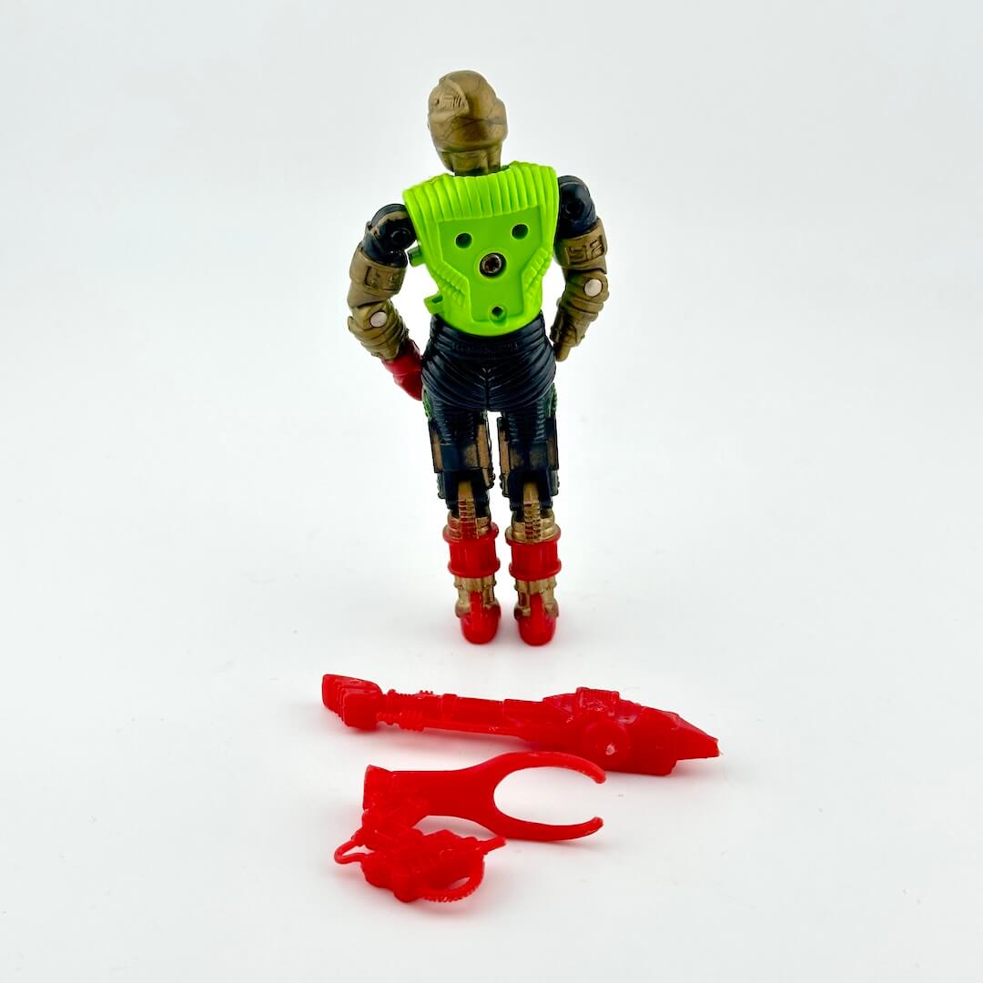 GI Joe action figure of cyborg with gold, black and red body, pictured with red accessories on white background.
