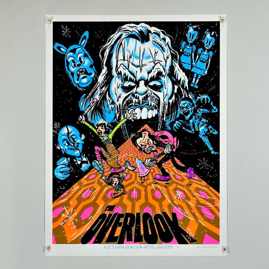 Poster of a horror-themed design with a central figure and text on a black background.
