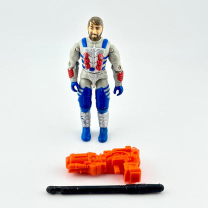 GI Joe action figure in gray and blue flight suit with red accents, pictured with two accessories on white background. 