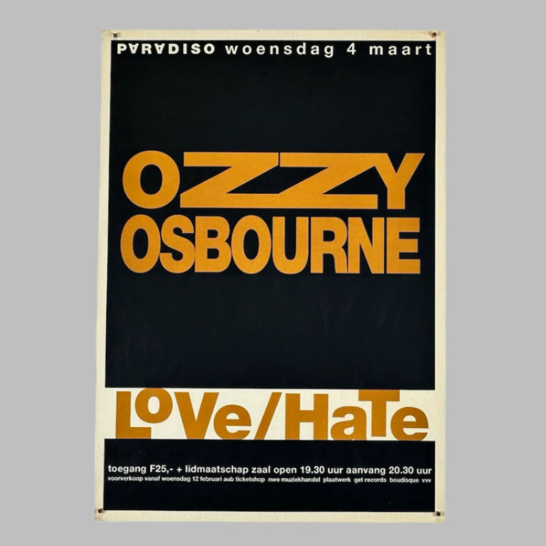 Black poster with large orange Ozzy Osbourne in center above white banner & orange text Love/Hate, event info in white text.