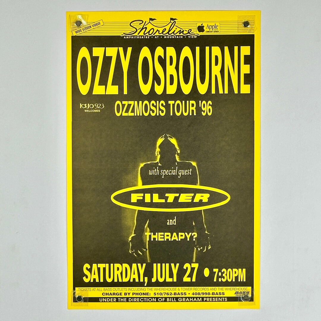 Promotional poster for Ozzy Osbourne's Ozzmosis Tour '96 featuring Filter and Therapy? on a yellow and black background.