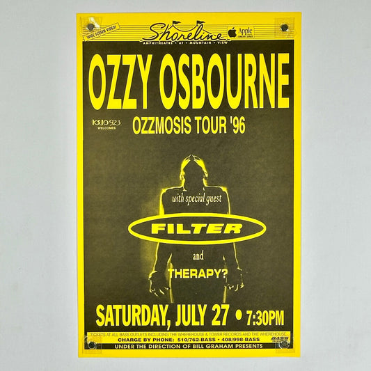 Promotional poster for Ozzy Osbourne's Ozzmosis Tour '96 featuring Filter and Therapy? on a yellow and black background.
