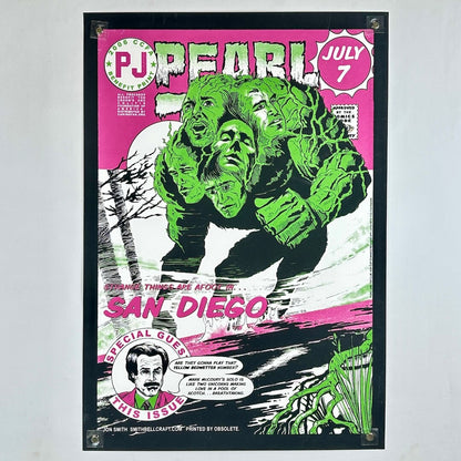 Comic book-style poster with green superhero-like figure on a pink and black background