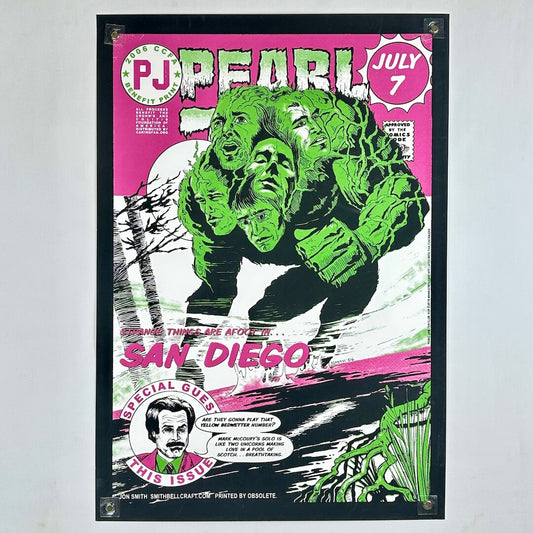 Comic book-style poster with green superhero-like figure on a pink and black background