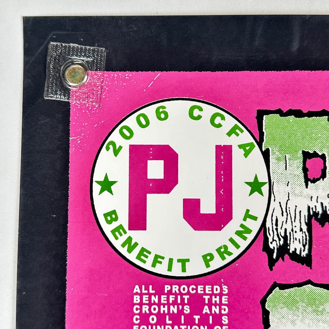 Pink poster with 'PJ' logo and text about a 2006 CCFA benefit print for Crohn's and Colitis Foundation.