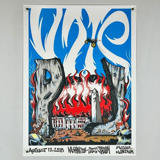 Poster of flaming White House with other various elements against neutral background. 