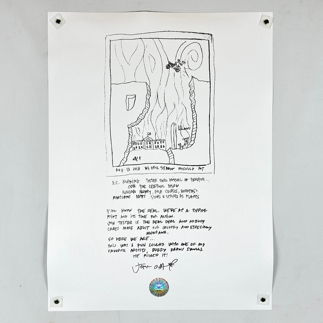 Backside of poster with note about the art and hologram sticker at bottom center. 