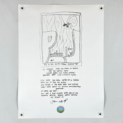 Backside of poster with note about the art and hologram sticker at bottom center. 