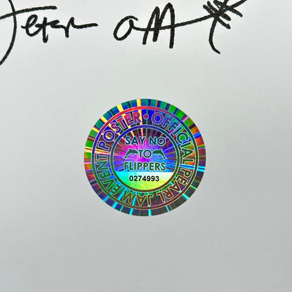 Colorful round sticker with text on a gray background