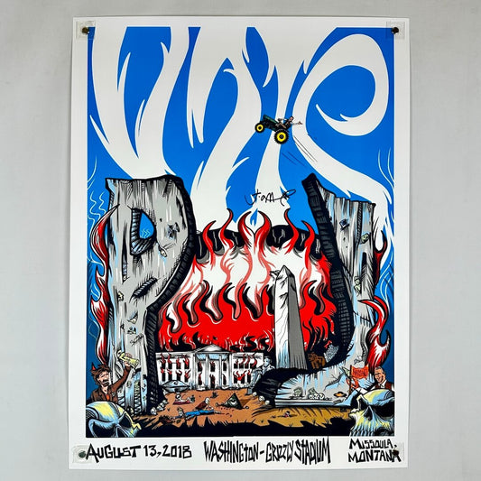 Artistic poster with abstract design featuring flames and geometric shapes on a gray background
