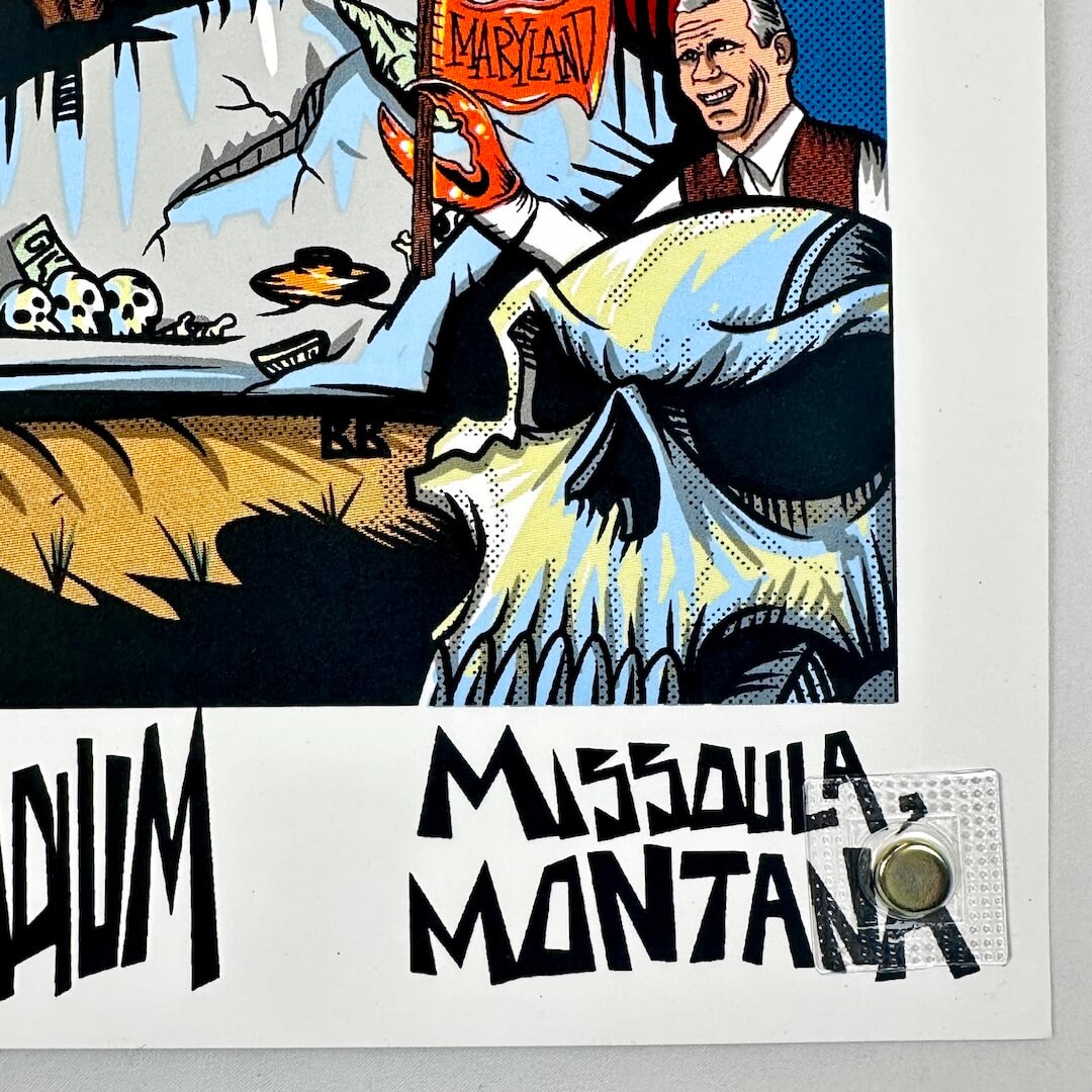 Comic-style illustration with a character holding a sign and text 'Missoula, Montana' on a white background.