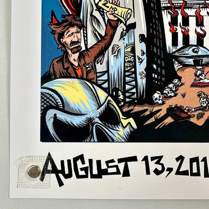 Comic-style illustration with a character, skull, and text 'August 13, 201' on a white background.