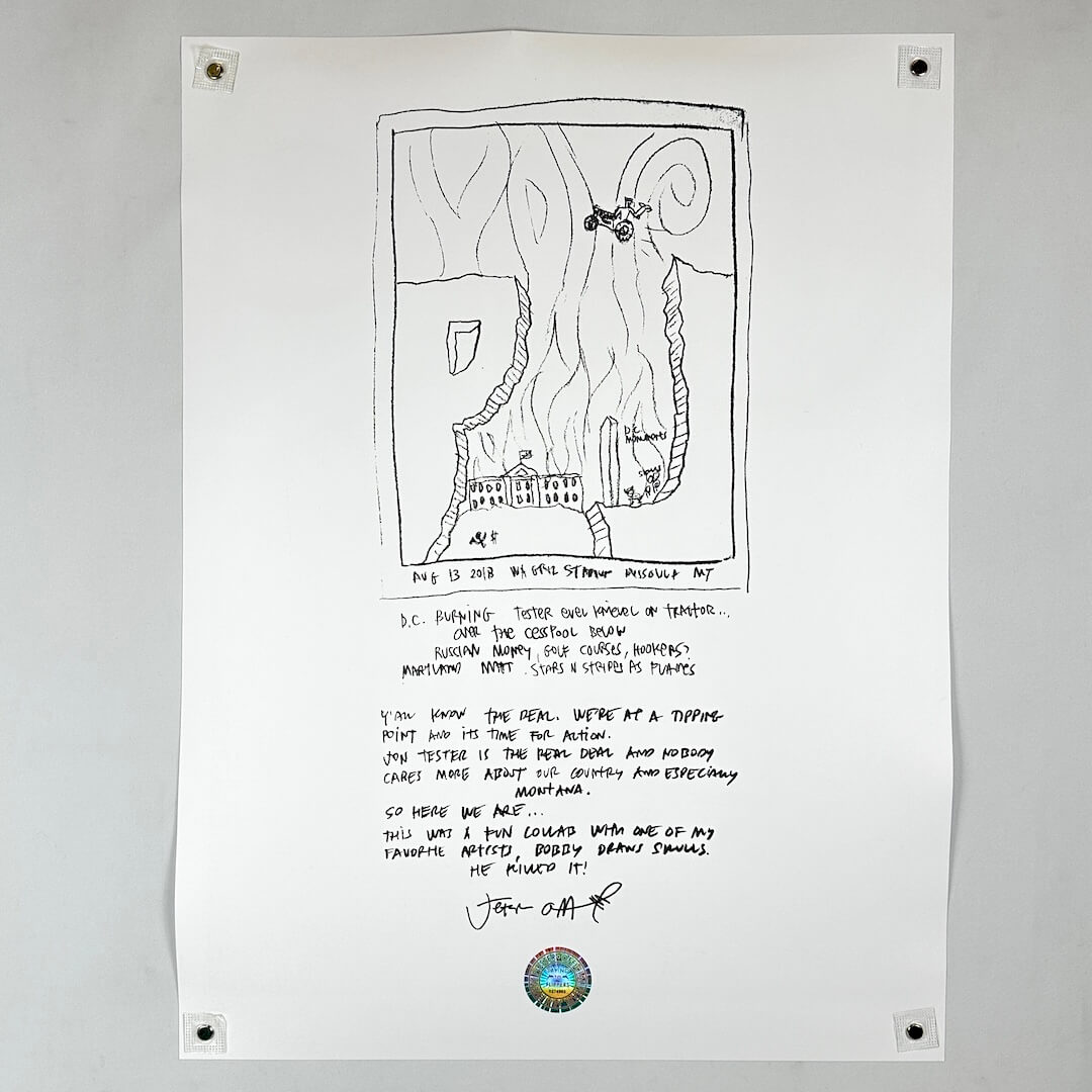 Backside of poster with message and sketch by Jeff Ament. 