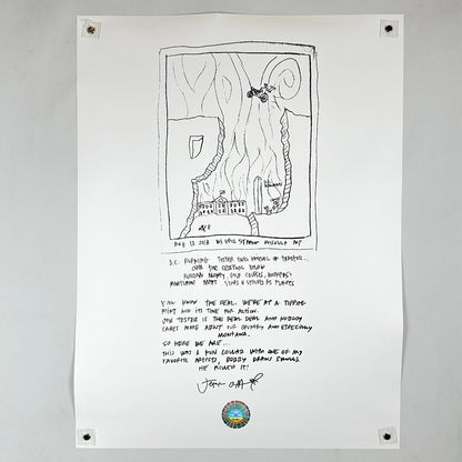 Backside of poster with message and sketch by Jeff Ament. 