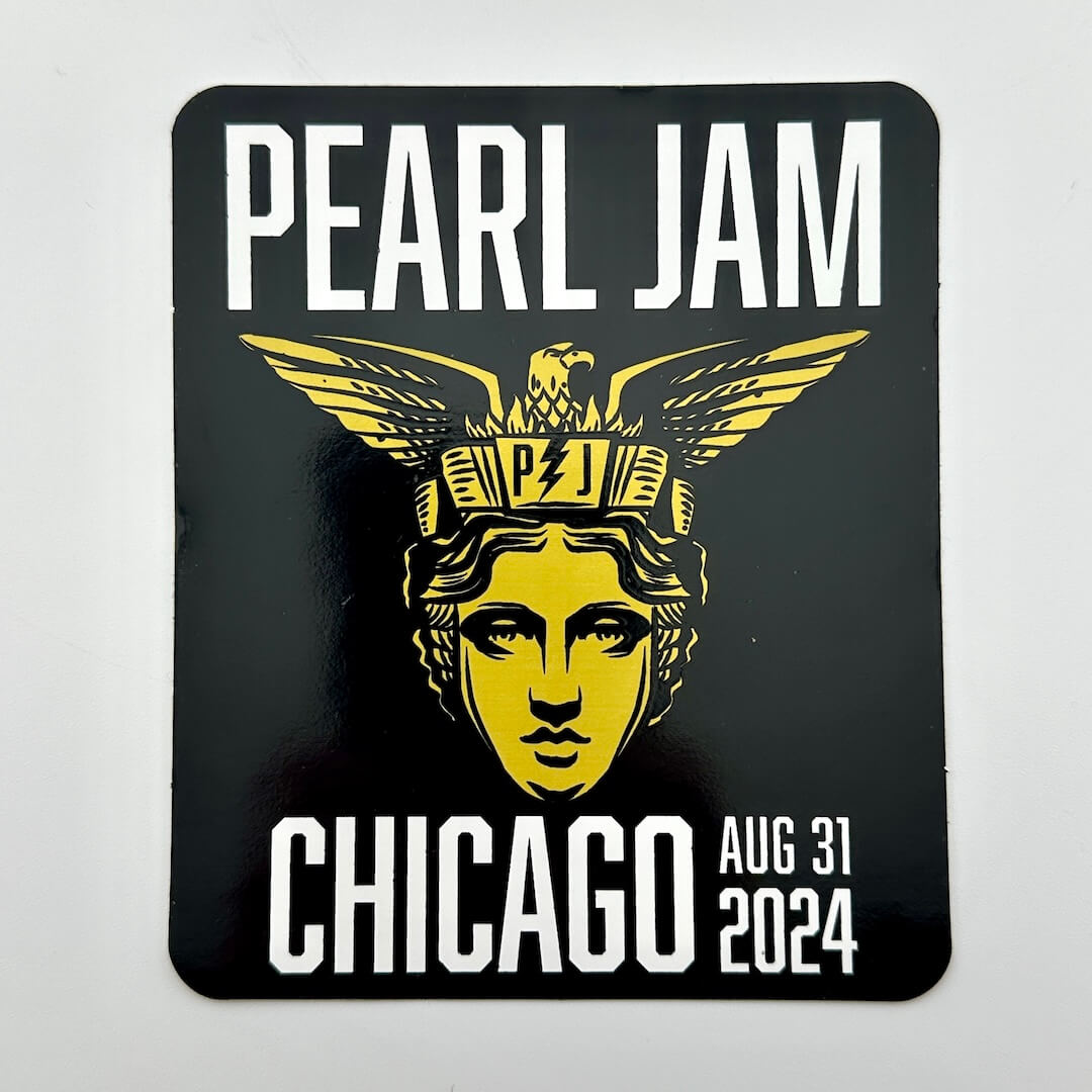 Pearl Jam event poster with yellow graphic and text on a black background