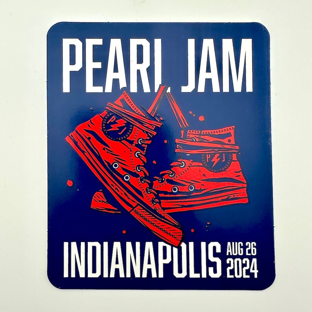 Promotional poster for Pearl Jam concert in Indianapolis with red shoes and blue background