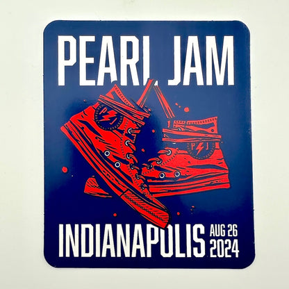 Promotional poster for Pearl Jam concert in Indianapolis with red shoes and blue background