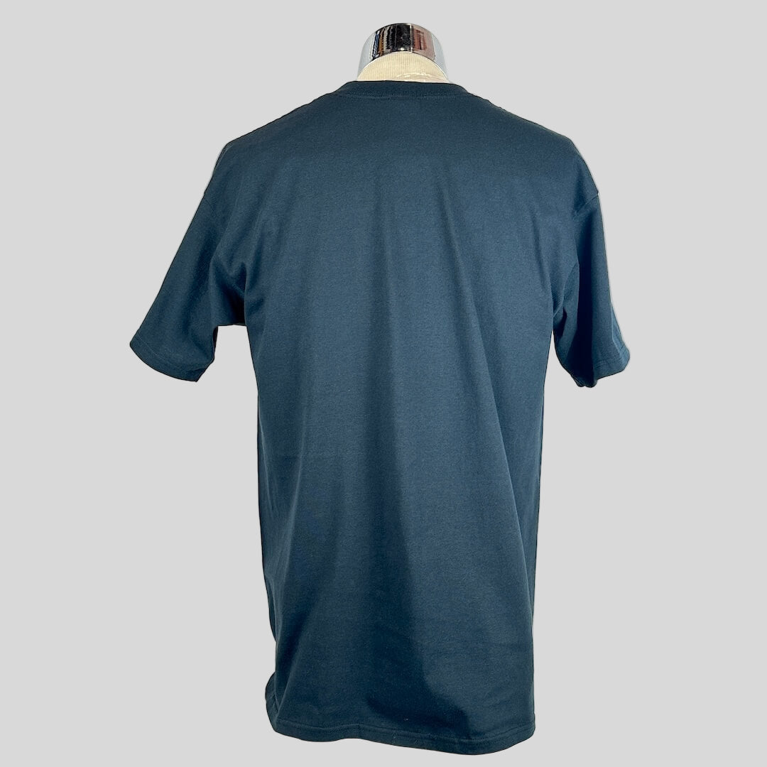 Black short sleeve t-shirt on mannequin against white background. 