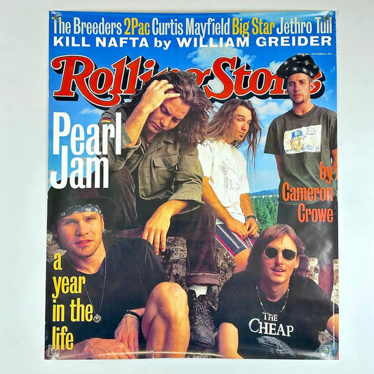 Poster of Rolling Stone magazine cover featuring Pearl Jam with a blue sky background
