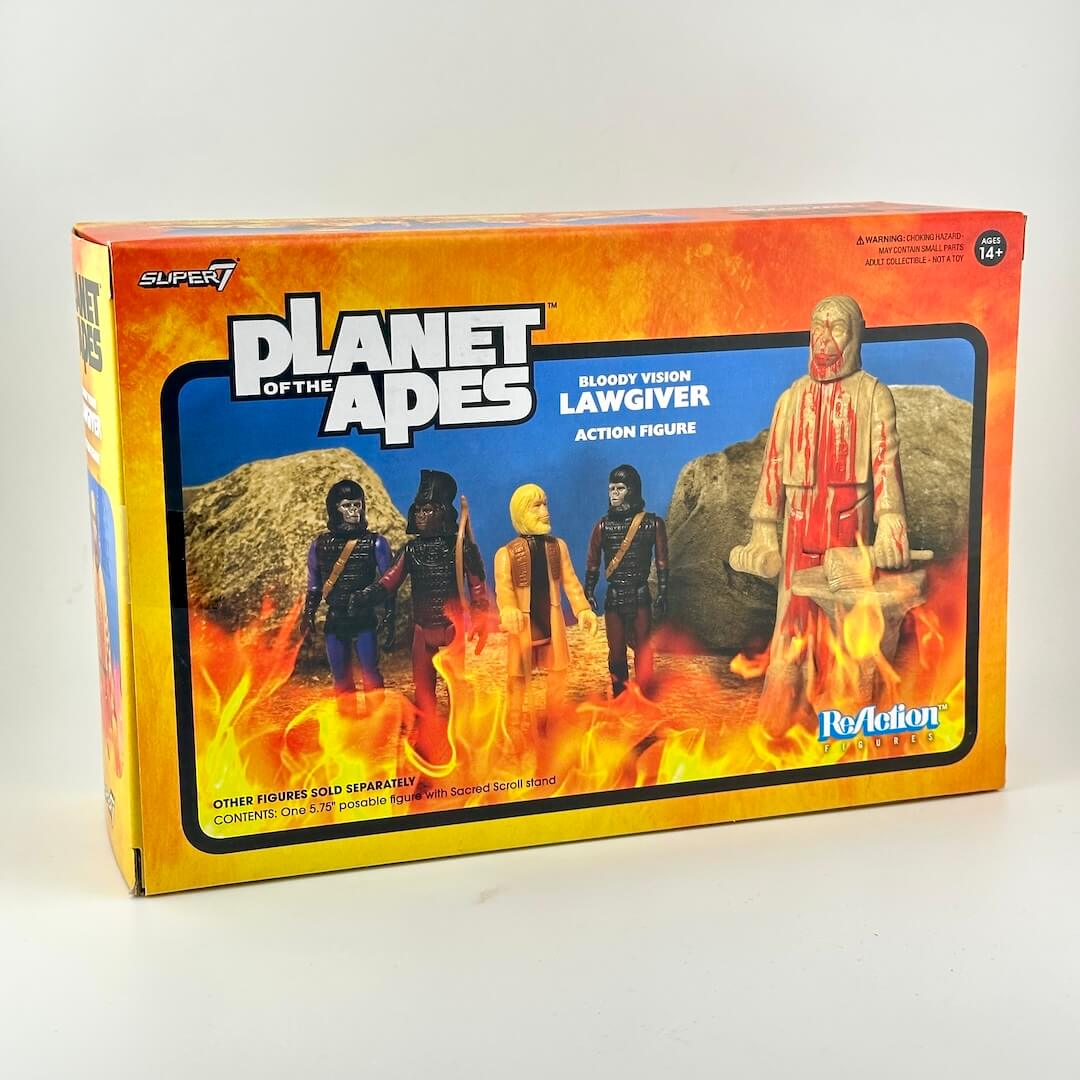Planet of the Apes Bloody Lawgiver action figure box by Super7, featuring a fiery orange and yellow package design.