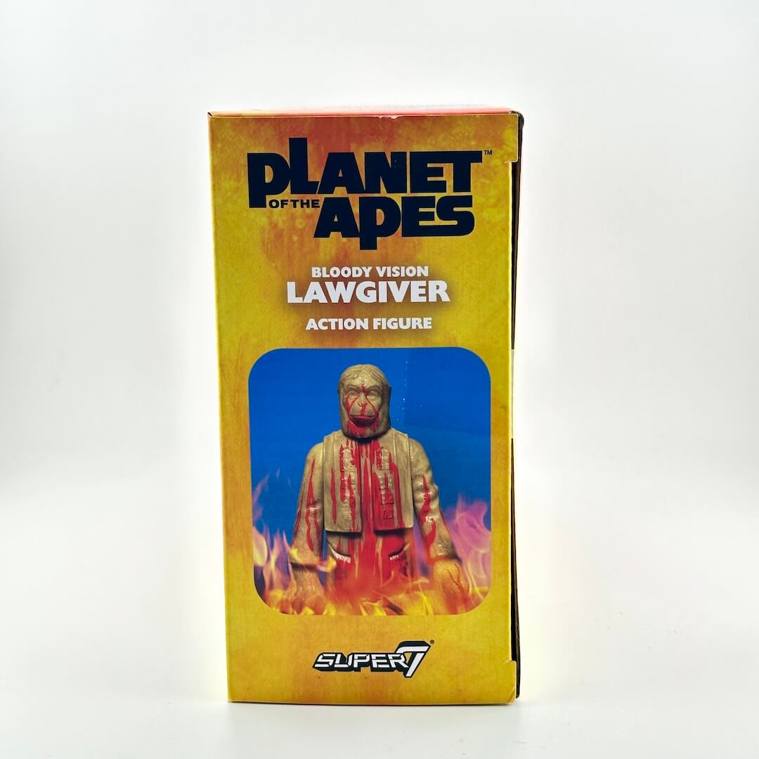 Planet of the Apes Bloody Lawgiver action figure box by Super7, featuring a fiery orange and yellow package design.